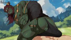 ass bara beard big_penis boner erection erection_under_clothes facial_hair ganondorf ganondorf_(tears_of_the_kingdom) gerudo green_skin jewelry male male_only muscles muscular musk nintendo red_hair sweat sweating tears_of_the_kingdom the_legend_of_zelda yellowquagsire