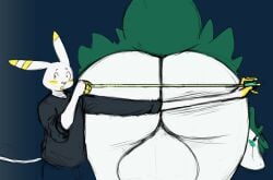 2023 anthro ass ass_up bakphoon balls bent_over big_balls big_butt blush blush_lines bottomwear clothing duo ears_up generation_2_pokemon genitals hi_res lagomorph leporid looking_back male mammal nintendo open_mouth pants pokemon pokemon_(species) rabbit raster_dreams raster_dreams_(character) shirt size_difference tape_measure topwear typhlosion white_body