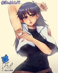 1girls 2023 absurd_res arm_behind_head arm_up big_breasts blair_flannigan blindneko99 blue_hair blush brown_eyes card_game clothed clothing female female_only long_hair looking_at_viewer saotome_rei solo steam sweat yu-gi-oh! yu-gi-oh!_gx