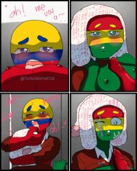 1futa 1girls artist_request balls blue_eyes blush bolivia_(countryhumans) bottomless breasts clothed clothing colombia_(countryhumans) countryhumans countryhumans_girl cum cum_on_face cum_while_penetrated dialogue duo ejaculation erection eyebrows female female_on_futa futanari green_body green_eyes green_skin grey_background humanoid humanoid_penis medium_breasts mostly_nude national_personification onomatopoeia orgasm paizuri pegging penis red_body red_skin schoolgirl simple_background spanish_text text translation_request