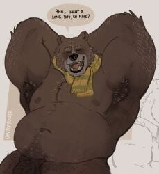 anthro armpit_hair bear belly big_belly blind_eye blush body_hair brown_body brown_fur casual_exposure closed_eyes clothed clothing dialogue dreamworks english_text fur gay genitals grey_hair hair hands_behind_head heart hi_res male male_only mammal mature_anthro mature_male moobs mostly_nude musclegut muscular muscular_male nipples open_mouth open_smile overweight overweight_male papa_bear papa_bear_(puss_in_boots) pecs penis penis_base puss_in_boots_(dreamworks) puss_in_boots_the_last_wish scarf scarf_only smile solo solo_male talking_to_viewer teeth text xeoniios