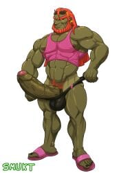 bara beard big_balls big_penis boner erection facial_hair ganondorf ganondorf_(tears_of_the_kingdom) gay gerudo green_skin huge_cock male male_only muscles muscular nintendo red_hair smukt solo solo_male tank_top tears_of_the_kingdom the_legend_of_zelda