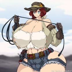 1girls athletic athletic_female belt big_breasts blue_eyes breasts cleavage cowboy_hat cowgirl female female_only gloves hataraki_ari huge_breasts human human_only jean_shorts large_breasts looking_at_viewer massive_breasts red_hair revealing_clothes revolver smile smiling_at_viewer star star_eyes torn_clothes weapon whip