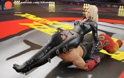 3d 3d_(artwork) absurdres arrogant asphyxiation assassin beaten blender blonde_hair boot_fetish boots calves catsuit choke_hold choking cleavage confident crush crushing dominant dominant_female domination dominatrix female_domination femdom fight fighting fighting_pose fighting_ring head_between_legs head_between_thighs headscissor headscissors helpless high_heel_boots high_heels highres humiliated humiliation jin_kazama jvfemdom kazama_jin leather leather_boots leather_clothing leather_gloves leg_lock leglock legs mixed_wrestling muscular muscular_calves muscular_female muscular_legs muscular_thighs nina_williams ponytail red_face scissorhold shirtless smug smug_face squeezing submission tekken thick_ass thick_thighs thighs wrestling