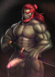 bara beard boner erection facial_hair fujsan13 ganondorf ganondorf_(tears_of_the_kingdom) gerudo green_skin male male_only muscles muscular nintendo nude red_hair solo solo_male sword tears_of_the_kingdom the_legend_of_zelda