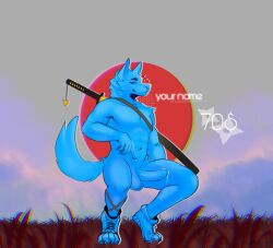 anthro bodily_fluids genital_fluids japan katana kumalowner male male_only melee_weapon nude precum samurai solo sunset sword warrior weapon