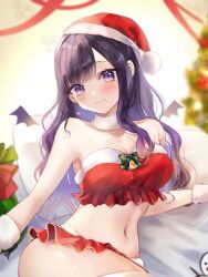 1girls beauty_mark belly_button blush christmas christmas_outfit christmas_tree clothed clothing female female_only hat indie_virtual_youtuber indoors light-skinned_female light_skin looking_at_viewer on_bed purple_eyes purple_hair pyontarokn shinosaki_honoa skimpy_clothes smile solo trees virtual_youtuber wings