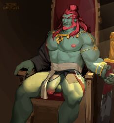 bara beard big_penis clothing facial_hair flaccid ganondorf ganondorf_(tears_of_the_kingdom) gerudo green_skin male male_only muscles muscular nintendo red_hair sitting solo solo_male sooxand tears_of_the_kingdom the_legend_of_zelda