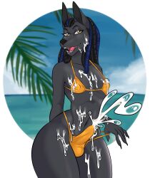 anthro anubian_jackal balls_outline beach bikini bikini_bottom bikini_pull bikini_thong bikini_top bodily_fluids bulge canid canine canis clothed clothing clothing_pull crossdressing cum cum_in_clothing cum_on_body cum_on_chest cum_on_face cum_on_leg cum_through_clothing deadman_joe_velasquez detailed_background detailed_bulge dreadlocks ejaculation erection erection_under_clothing femboy femboy_focus femboy_only femboysub feminine feminine_body feminine_male feminine_pose genital_fluids genital_outline girly hands-free hi_res jackal male male_focus male_only mammal nipple_outline penis_in_panties penis_outline public seaside skimpy_bikini solo string_bikini swimwear swimwear_pull tagme tenting thick_thighs water wet wet_clothing wide_hips yuuneechan801