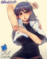 1girls 2023 absurd_res arm_behind_head arm_up armpit big_breasts blair_flannigan blindneko99 blue_hair blush brown_eyes clothed clothing female female_only long_hair looking_at_viewer saotome_rei showing_armpits solo steam sweat yu-gi-oh! yu-gi-oh!_gx