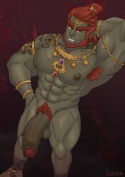 armpit_hair bara beard big_penis cupcakedanshi facial_hair flaccid ganondorf ganondorf_(tears_of_the_kingdom) gerudo green_skin hand_behind_head jewelry male male_only muscles muscular nintendo nude red_hair solo solo_male tears_of_the_kingdom the_legend_of_zelda