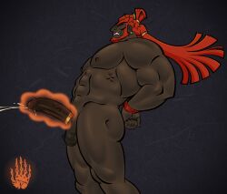 7miles_(artist) bara beard boner closed_eyes cock_ring cum erection facial_hair ganondorf ganondorf_(tears_of_the_kingdom) gerudo green_skin hands_behind_back male male_only muscles muscular nintendo nude orgasm red_hair solo solo_male tears_of_the_kingdom the_legend_of_zelda