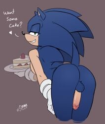 absurd_res anthro ass backsack balls bedroom_eyes bent_over blue_body blue_fur cake cake_slice clothing dessert dialogue erection eulipotyphlan food fruit fur genitals gloves gloves_only green_eyes handwear handwear_only heart hedgehog hi_res humanoid_genitalia humanoid_penis inviting looking_at_viewer looking_back male male_only mammal mostly_nude narrowed_eyes penis plant plate presenting presenting_hindquarters seductive sega simple_background smile solo sonic_(series) sonic_the_hedgehog sonic_the_hedgehog_(series) standing strawberry talking_to_viewer toodamncycle