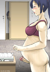 beauty_mark belly blue_hair blush bottomless bra breasts censored censored_penis cum cum_drip drg futanari horrified indoors intersex lips onlooker onlookers peeping ponytail pregnant pregnant_futa ring running_mascara standing stretch_marks sweat tagme veiny_breasts