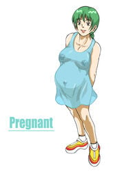 arms_behind_back black_eyes blue_dress child_bearing_hips collarbone dark_nipples drg english_text erect_nipples green_hair ponytail pregnant ready_to_pop running_shoes see-through_clothing shoes smiling_at_viewer socks standing standing_up tagme text