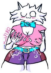 anthro belt blush bodily_fluids bow_tie breast_milking clothing domestic_cat felid feline felis female funnyman2 fur lactating low_res mammal milk owo pink_clothing pink_shirt pink_topwear shirt solo spilled_milk topwear torn_clothing uwu white_body white_fur