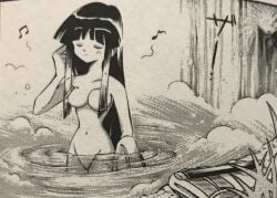 1girls ainu_clothes arm_up bathing big_breasts black_hair breasts busty closed_eyes clothes_removed curvy female female_only hair_ribbon highres king_of_fighters large_breasts legs long_hair monochrome musical_note nakoruru navel nipples nude pussy ribbon samurai_shodown snk solo thighs traditional_media traditional_media_(artwork) voluptuous water waterfall weapon wet