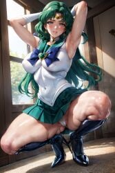 1girls ai_generated bishoujo_senshi_sailor_moon clothing green_hair high_heel_boots high_heels huge_breasts looking_at_viewer medium_breasts michiru_kaiou panties sailor_neptune seductive_look skirt solo_female solo_focus stable_diffusion voluptuous voluptuous_female