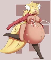 areolae ass breasts disproportional furry horns hyper_belly milk pregnant red_hoodie superllama yellow_hair