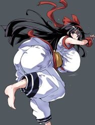 1girls ainu_clothes alternate_breast_size ass bent_over big_ass big_breasts black_hair breasts busty fat_ass feet hair_ribbon hanging_breasts highres hirowa_nagi huge_ass huge_breasts king_of_fighters leg_up legs long_hair looking_back nakoruru open_mouth pants purple_eyes ribbon samurai_shodown sideboob solo sweat thick_thighs thighs voluptuous