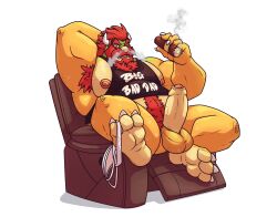 2_horns 3_toes absurd_res almasy anthro armchair armpit_hair balls beard belly biceps big_balls big_muscles big_penis bodily_fluids body_hair bottomless bowser chair chest_hair chest_tuft cigar claws clothed clothing daddy_kink english_text erection eyebrows facial_hair feet foot_focus foreskin furniture gay genitals hair hand_behind_head happy_trail hi_res holding_cigar holding_object horn jockstrap koopa looking_at_viewer male male_only mario_(series) mature_male moustache musclegut muscular muscular_anthro muscular_male nintendo nipples open_mouth partially_retracted_foreskin pecs penis pubes raised_arm raised_leg red_eyes red_hair scalie sharp_teeth shirt simple_background sitting smoke_from_nose smoking soles solo sweat sweatdrop sweaty_armpit sweaty_arms sweaty_balls sweaty_feet sweaty_genitalia sweaty_penis tan_body tan_penis tank_top teeth text thick_foreskin toe_claws toes tongue topwear topwear_only tuft underwear underwear_on_foot white_background yellow_balls yellow_body