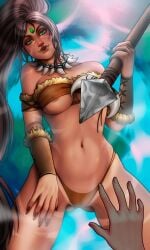 1boy 1boy1girl 1girls bulging_nipples female forehead_jewel gem_on_forehead green_eyes green_eyes_female hair_tied jewel_on_forehead league_of_legends male nidalee partial_male ponytail riot_games skimpy skimpy_clothes somikoarts spear strapless strapless_top strapless_topwear tribal_markings tribal_tattoo tribal_tattoos tubetop visible_nipples