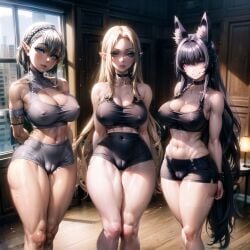 3girls ai_generated alpha_(the_eminence_in_shadow) beta_(the_eminence_in_shadow) cameltoe delta_(the_eminence_in_shadow) elf female female_only fox_ears gym_clothing kage_no_jitsuryokusha_ni_naritakute! mizaraiart multiple_girls nipples_visible_through_clothing stable_diffusion the_eminence_in_shadow tight_clothing