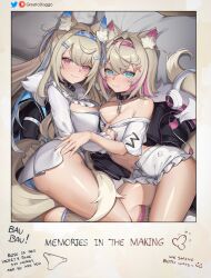 2girls animal_ears blonde_hair blue_eyes breast_size_difference breasts cleavage clothed female fuwamoco fuwawa_abyssgard greatodoggo hololive hololive_english hololive_english_-advent- kemonomimi large_breasts mococo_abyssgard pink_eyes sisters small_breasts smile twins virtual_youtuber