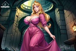 1girls ai_art ai_generated arms aurora_(sleeping_beauty) big_breasts blonde_hair breasts cleavage clothed crown curvy disney disney_princess dress female female_only hands huge_breasts jewelry large_breasts legs lips lipstick long_hair looking_at_viewer necklace open_mouth perfect_body pink_dress pink_eyes princess royalty sassaphrassy sleeping_beauty_(1959_film) stable_diffusion tiara