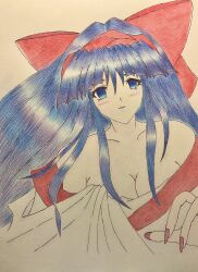 1girls ainu_clothes big_breasts blue_eyes blue_hair breasts busty cleavage female female_only hair_ribbon highres king_of_fighters large_breasts long_hair looking_at_viewer nakoruru ribbon samurai_shodown smile snk traditional_media