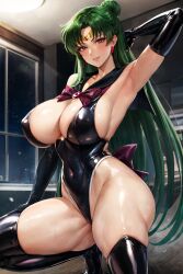 1girls ai_generated bishoujo_senshi_sailor_moon clothing green_hair large_breasts looking_at_viewer sailor_pluto seductive_look setsuna_meiou stable_diffusion stockings voluptuous voluptuous_female