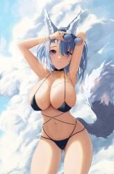 1girls alternate_costume animal_ears belly_button bikini blue_hair breasts cdytar4 echocalypse eyewear_removed female female_only fenriru_(echocalypse) fenriru_(exclusive_sundae)_(echocalypse) holding_object holding_sunglasses huge_breasts light-skinned_female light_skin official_alternate_costume outside purple_eyes sky solo sunglasses sunglasses_removed swimsuit tail wolf_ears wolf_girl wolf_tail