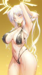 1girls belly_button bikini black_bikini blue_eyes breasts echocalypse female female_only forehead_jewel halo huge_breasts jewelry levia_(echocalypse) light-skinned_female light_skin looking_at_viewer shi_cha solo swimsuit wet wet_skin white_hair