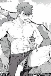 2boys abs bar_censor blush censored cloud embarrassed greyscale large_pectorals male_focus male_pubic_hair male_swimwear male_underwear male_underwear_peek monochrome multiple_boys muscular muscular_male navel nipples ookanehira_(touken_ranbu) open_mouth outdoors pectorals penis penis_peek pubic_hair sexy_kaido short_hair sky solo_focus testicles topless_male touken_ranbu twitter_username underwear yaoi