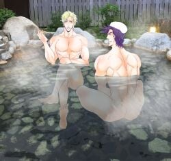 2boys back_view battle_tendency blonde_hair blue_hair caesar_zeppeli gay hot_spring jojo's_bizarre_adventure joseph_joestar male male_only multiple_boys muscular_male nude nude_male questionable_anatomy