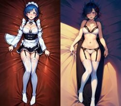 ai_generated blue_eyes blue_hair blush bow_bra bow_panties cleavage dakimakura dakimakura_design detached_sleeves embarrassed frills garter_straps highres lace_trim lying_on_back lying_on_bed maid maid_apron maid_headdress maid_uniform medium_breasts navel open_mouth rayolit re:zero_kara_hajimeru_isekai_seikatsu rem_(re:zero) self_upload skindentation stable_diffusion thighs underwear white_bra white_legwear white_panties white_thighhighs