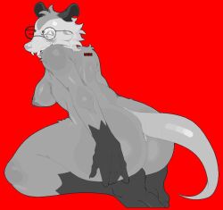 anthro ass big_breasts big_butt breasts desamistesae_fafratarello_flumendo_styx didelphid eyewear eyewear_only female glasses glasses_only grey_body mammal marsupial nipple_piercing nipples nude piercing sharp_teeth skinnypepperoni solo teeth virginia_opossum