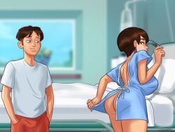 1boy 1girls 2d ass bed bed_sheet big_ass bottomwear brown_hair clothed clothing darkcookie diane_(summertime_saga) digital_drawing_(artwork) digital_media_(artwork) duo ear_piercing earrings female hospital hospital_bed hospital_gown light-skinned_female light-skinned_male light_skin looking_at_partner looking_back looking_down main_character_(summertime_saga) male male/female no_panties piercing piercings presenting presenting_ass room shirt shorts smile smiling standing summertime_saga thick_ass topwear