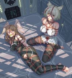 2girls arms_behind_back arms_tied arms_tied_behind_back ball_gag big_breasts blue_eyes bodysuit bondage bound bound_ankles bound_arms bound_legs breasts brown_hair captured captured_heroine cat_ears catgirl censored censored_pussy crotchless crotchless_clothes drool drooling eunie_(xenoblade) exposed_pussy female female_only femsub frogtie gag gagged harness_ball_gag harness_gag head_wings ineffective_censorship leveen leveensky looking_at_viewer mio_(xenoblade) monolith_soft multiple_girls multiple_subs nintendo pantyhose prison prison_cell pussy rope rope_between_breasts rope_bondage rope_harness short_hair submissive submissive_female tank_top white_hair xenoblade_(series) xenoblade_chronicles_3 yellow_eyes