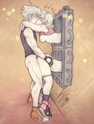 1boy 1girls blonde_hair bottomless_male breasts dirk_strider doggy_style fingerless_gloves from_behind hearts_around_head homestuck kink_mom kissing now_you're_thinking_with_portals pants_down partially_clothed portal portal_(object) portal_sex roxy_lalonde sex shoes side_view standing_doggy_style tiptoes