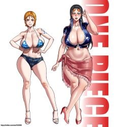 asa_(teng_zi) ass_visible_through_thighs bikini bikini_top blush breasts cleavage erect_nipples_under_clothes female female_only going_commando hands_on_hips high_heels huge_breasts jeans midriff nami_(one_piece) navel nico_robin no_bra no_panties one_piece posing post-timeskip pre-timeskip sagging_breasts sarong short_hair short_shorts shorts sideboob skirt sunglasses tagme tattoo thick_thighs thighs time_paradox