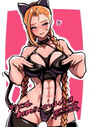 1girls abs absurdres ahoge animal_ears ap_cammy black_leotard blonde_hair blue_eyes blush braid breasts cameltoe cammy_white cat_ear_hairband cat_ears cleavage cleavage_cutout clothing_cutout fake_animal_ears female halterneck hands_on_own_breasts hands_on_own_chest highres impossible_clothes impossible_leotard leotard long_hair navel navel_cutout solo street_fighter thighhighs toned twin_braids