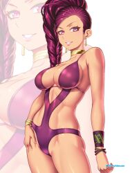 1girls alternate_costume artist_name bikini breasts choker cleavage covered_navel earrings english_commentary etchimune female female female_only fire_emblem fire_emblem:_three_houses grin jewelry lipstick looking_at_viewer makeup muscular muscular_female nintendo one-piece_swimsuit petra_macneary pink_lips ponytail purple_eyes purple_hair purple_one-piece_swimsuit purple_swimsuit sideboob smile swimsuit wrist_cuffs yellow_choker zoom_layer