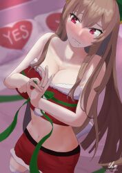 1girls azur_lane bed belly_button blush breasts christmas christmas_outfit cleavage clothed clothing echo_(lowlow808) embarrassed female female_only hand_gesture huge_breasts indoors inviting light-skinned_female light_brown_hair light_skin looking_away nose_blush penetration_gesture pillows pink_nails red_eyes revealing_clothes ring royal_navy_(azur_lane) sexually_suggestive skimpy_clothes solo suggestive_gesture swiftsure_(azur_lane) yes-no_pillow