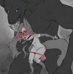 1boy 1girls adaline_lwen anthro blush canine_penis emybun female fox_ears fox_girl fox_tail freckles glasses knot larger_male long_hair moaning original red_lipstick sex size_difference small_breasts smaller_female werewolf young younger_female