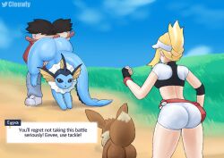 1boy 1girls blue_body brown_fur clouwly eevee eeveelution eievui feral human looking_back nintendo pokémon_(species) pokemon pokephilia shorts showers_(pokemon) vaporeon white_shorts