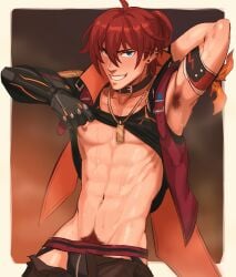 1boy abs armpit_hair armpits arms_up happy_trail honkai:_star_rail jockstrap luka_(honkai:_star_rail) male_focus male_only mechanical_arm missing_tags pubic_hair red_hair shirt_lift sombre_slahc sweat sweatdrop sweating