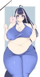 1girls 2023 ahoge belly_folds blush body_markings chubby chubby_female color fat female female_only food huge_belly huge_breasts indie_virtual_youtuber long_hair nipple_bulge orca_tail purinpaw shylily solo thick_thighs virtual_youtuber vtuber