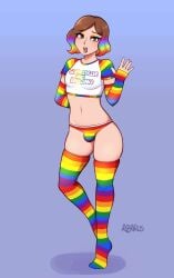 1boy abarus brown_eyes brown_hair bulge crossdressing english_text femboy lynn_(abarus) male male_only original panty_bulge rainbow_clothing rainbow_hair rainbow_lipstick rainbow_makeup short_hair solo solo_male tagme text thick_thighs thighhighs trap