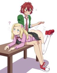 ? aizawa_tomo alternate_eye_color bench bent_over blonde_hair blue_eyes blush bowtie carol_olston confused flower_in_hair leg_up light_skin light_skinned_female lowres no_panties oerba_yun_fang pale-skinned_female pale_skin pink_clothing red_hair red_shoes school_uniform schoolgirl schoolgirl_uniform short_hair sitting skirt_up smile spank_marks spanked_butt spanking tomboy tomo-chan_wa_onna_no_ko very_short_hair white_background yuri zekel